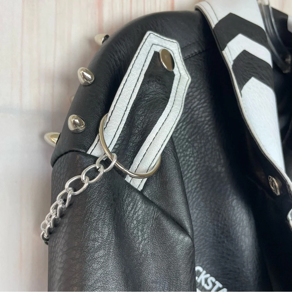 Azalea Wang Studded Black and White Graffiti Faux Leather Moto Jacket (1x) - Picture 10 of 16
